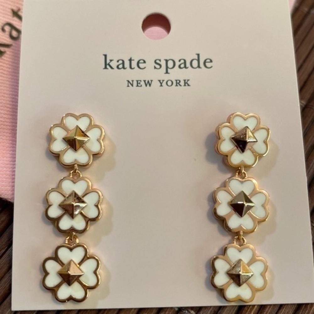 Kate Spade linear white and gold statement spade pierced drop earrings